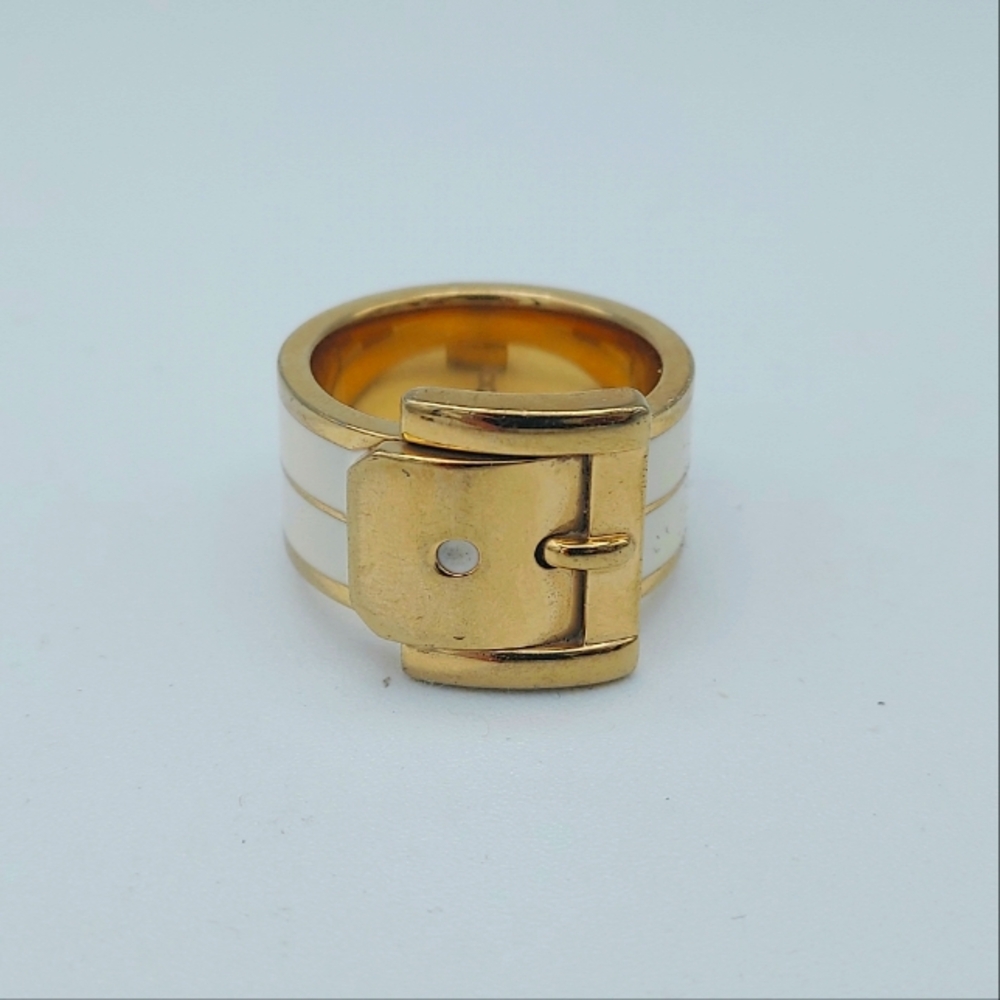 Michael KORS Gold and White Chunky Buckle Ring with Glossy Finish